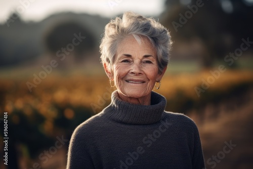 Portrait of a smiling senior woman in a vineyard in autumn