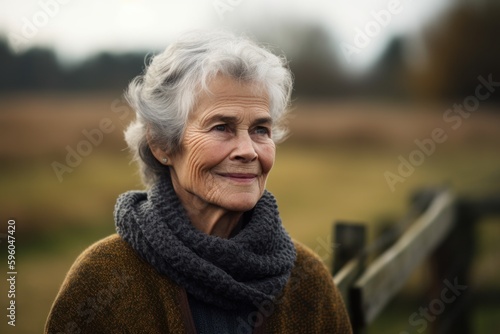 Portrait of a happy senior woman standing by fence in autumn park © Robert MEYNER