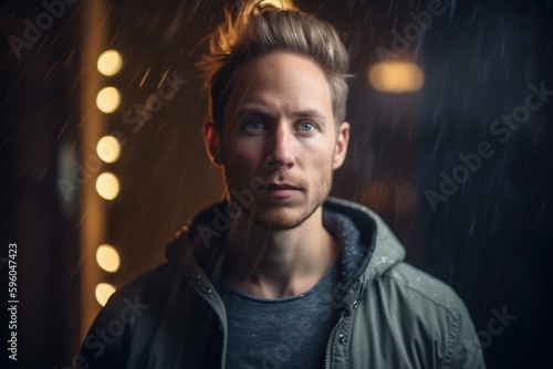 Portrait of a handsome young man standing in the rain at night.