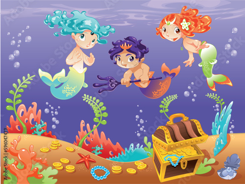 Baby Sirens and Baby Triton with background. Funny cartoon and vector illustration.