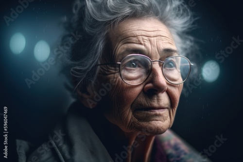 Portrait of an old woman in glasses on a dark background.