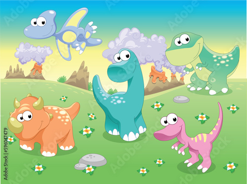 Dinosaurs Family with background. Funny cartoon and vector illustration.