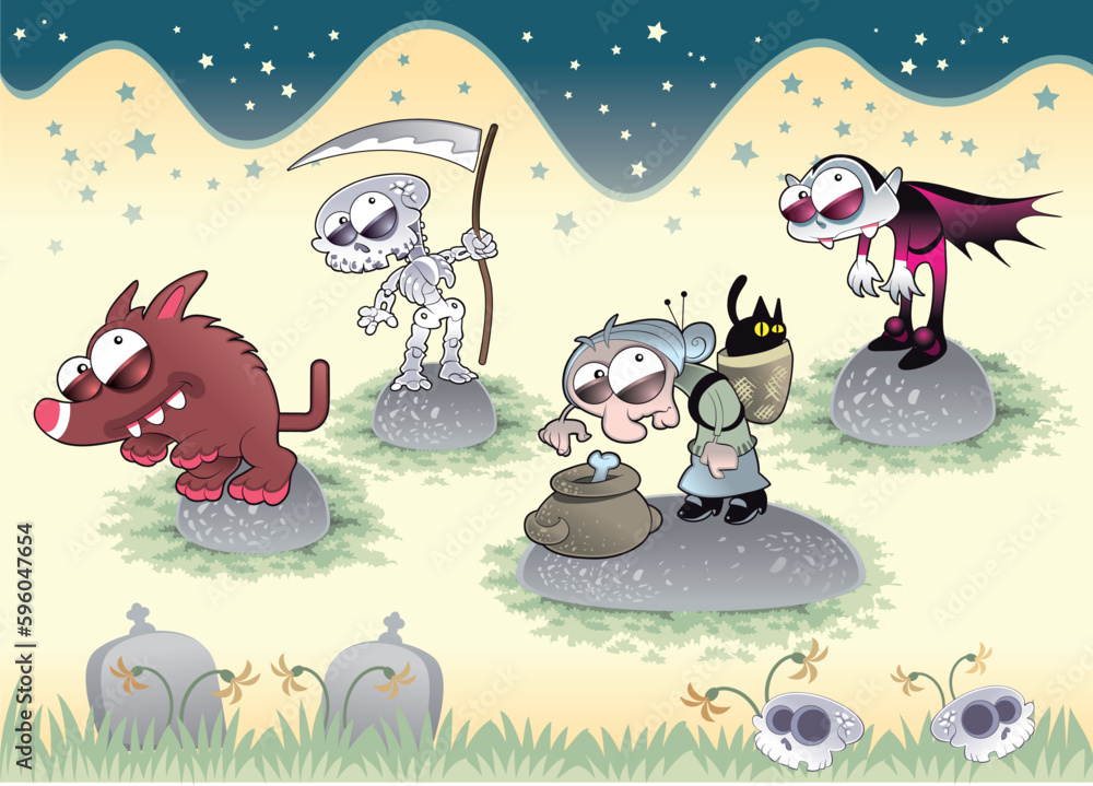 Naklejka premium Horror Family with Background. Funny cartoon and vector illustration