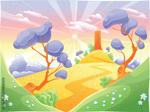 Landscape with tower. Funny cartoon and vector illustration.