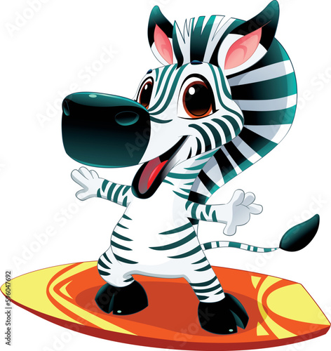 Baby zebra with surf. Funny cartoon and vector sporty character