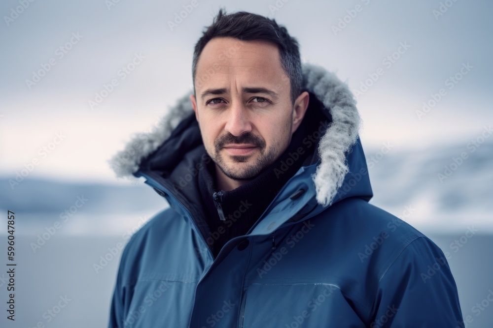 Portrait of a handsome young man wearing winter jacket at frozen lake Portrait of a handsome young man wearing winter jacket at frozen lake