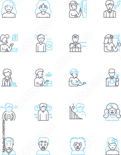 Calm demeanor linear icons set. Peaceful, Serene, Chill, Composed, Tranquil, Collected, Easygoing line vector and concept signs. Unperturbed,Nonchalant,Stoic outline illustrations