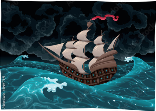 Galleon in the sea with storm.  Cartoon and vector illustration