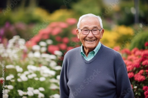 Portrait of a senior man smiling at camera in a flower garden
