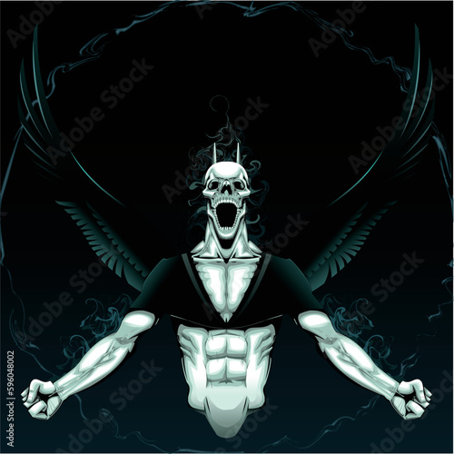 Angry Demon with background. Vector horror illustration, isolated object