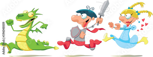 Dragon, Prince and Princess. Cartoon an dvector scene.