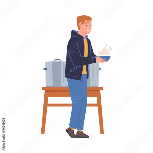 Volunteer giving food and supporting refugees and homeless people vector illustration