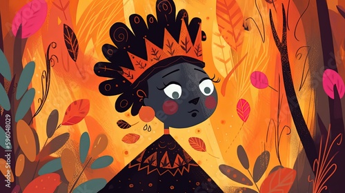 cute fairytale children book style illustration character art, cute fairytale tribal Venezuela princess in forest, Generative Ai