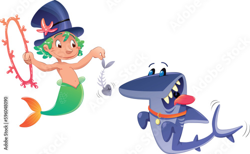 Triton with shark. Funny cartoon and vector characters.