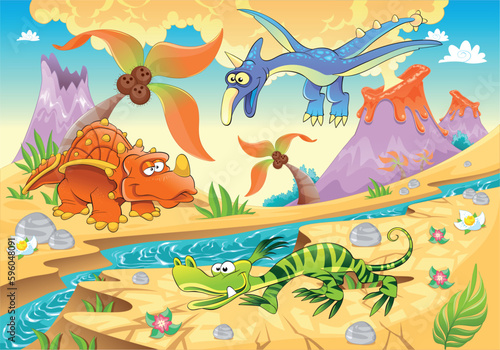 Monsters Dinosaurs with prehistoric background. Cartoon and vector illustration