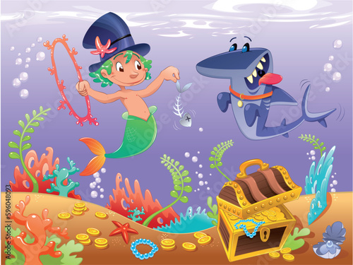 Triton with shark. Funny cartoon and vector characters.