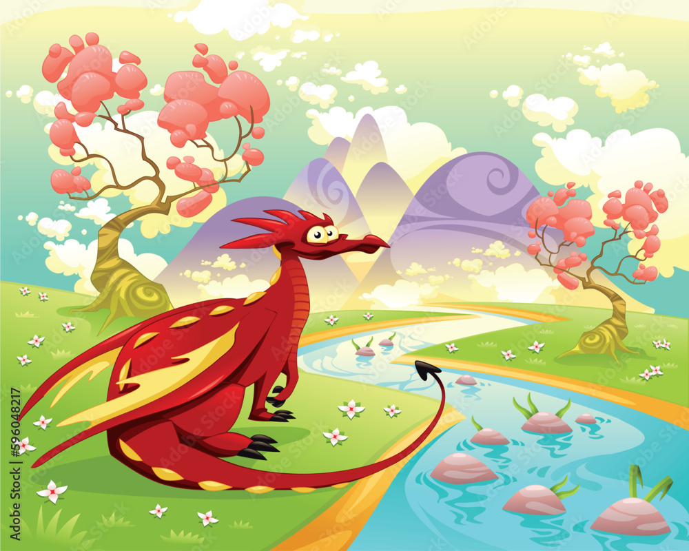 Dragon in landscape. Cartoon and vector illustration, isolated objects.