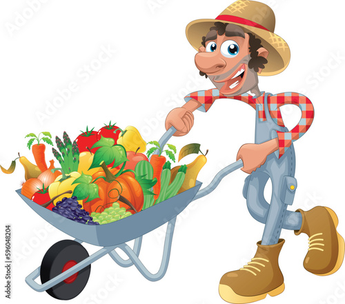Peasant with wheelbarrow, vegetables and fruits. Cartoon and vector illustration, isolated objects.