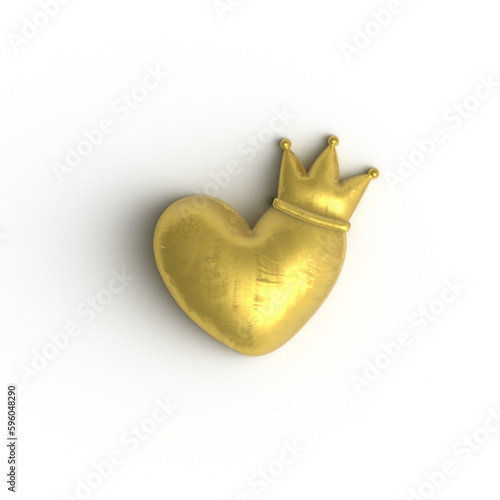 Golden heart with crown 3d render illustration