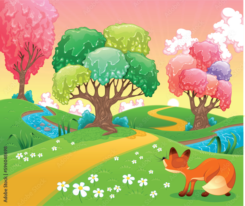 Fox in the wood. Funny cartoon and vector scene. Isolated objects
