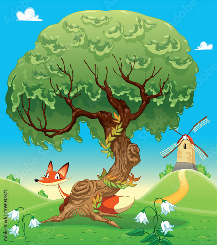 Landscape with fox behind the tree. Funny cartoon and vector illustration, isolated objects.