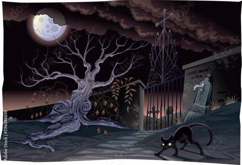 Black cat and cemetery in the night. Horror Scene, vector isolated characters.
