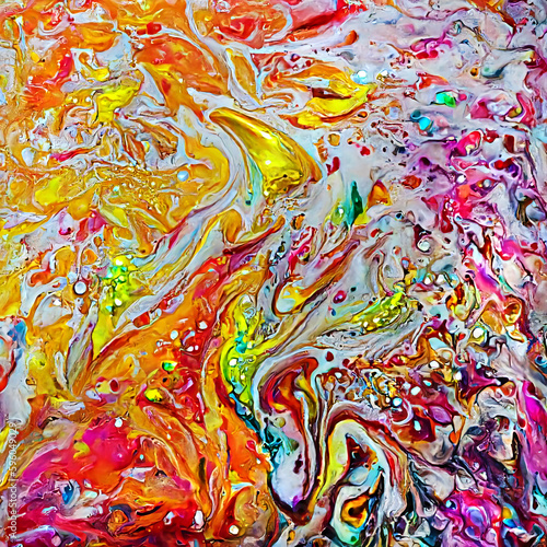 Abstract fluid art background red, white and orange plastic colors. Ink in water texture. Liquid acrylic drip painting on canvas with splash. Watercolor backdrop with psychedelic waves pattern. © elroce