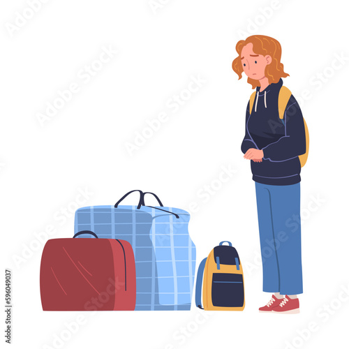 Refugee girl standing with luggage. Unhappy young woman needs help vector illustration