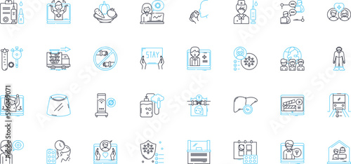 Virus spread linear icons set. Contagion, Infectious, Outbreak, Epidemic, Pandemic, Transmission, Infected line vector and concept signs. Isolation,Quarantine,Virus outline illustrations