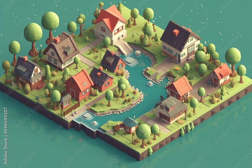 Obraz premium suburban area with cozy houses 3d model isometric