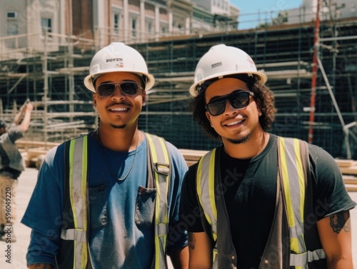 Smiling builders in hard hats at a construction site. 