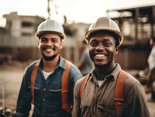 Smiling builders in hard hats at a construction site. Generative AI 