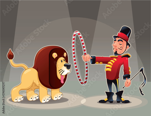 Lion Tamer with lion. Funny cartoon and vector circus illustration.