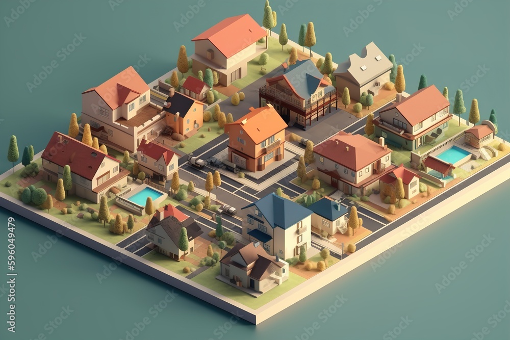 suburban area with cozy houses 3d model isometric
