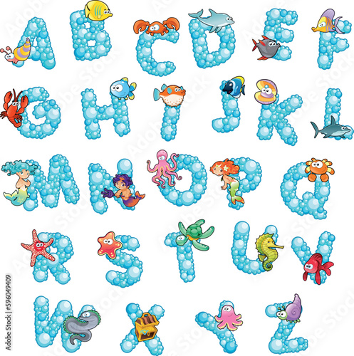 Alphabet with fish and bubbles. Funny cartoon and vector isolated letters.