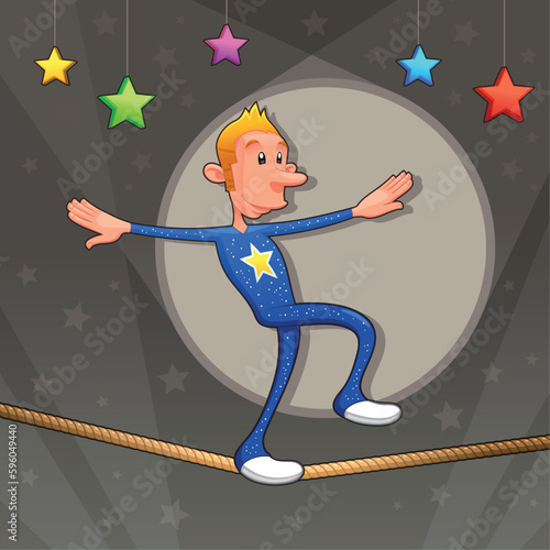 Funny equilibrist is walking on the tightrope. Cartoon and vector illustration.