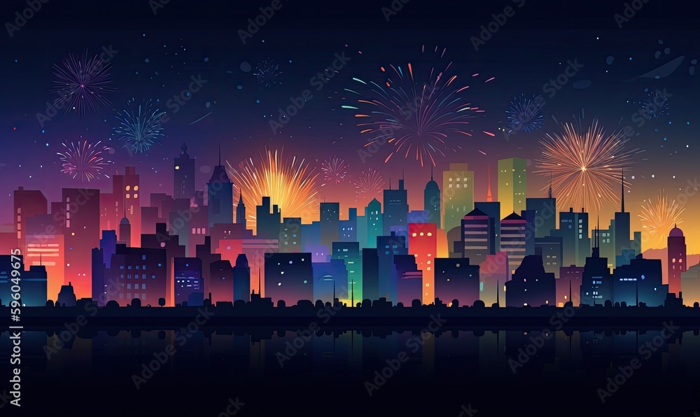 Illustration of a festive fireworks display over the city at night scene for holiday and celebration background design, generative AI