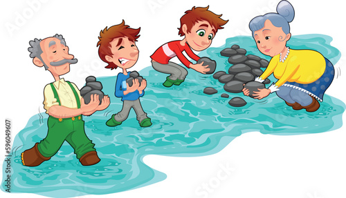 Family is making a little dam with stones.  Vector and cartoon illustration.