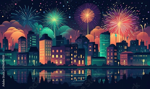 Illustration of a festive fireworks display over the city at night scene for holiday and celebration background design  generative AI