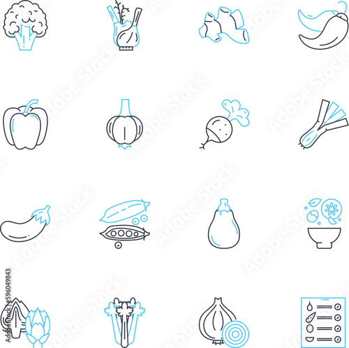 Fiber-rich diet linear icons set. Fibrous, Nutritious, Healthy, Digestive, Cleansing, Filling, Satiating line vector and concept signs. Bulking,Vegetarian,Vegan outline illustrations