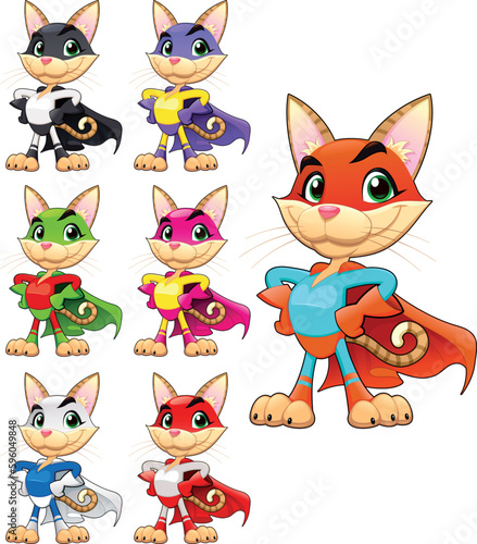 Funny cat super hero. Vector cartoon isolated characters
