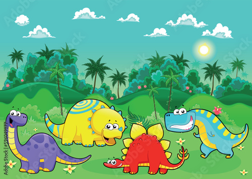 Funny dinosaurs in the forest. Cartoon and vector illustration