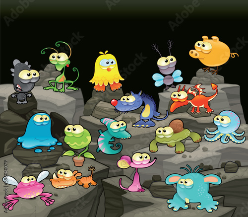 Family of monsters in the cave. Funny cartoon and vector isolated characters.