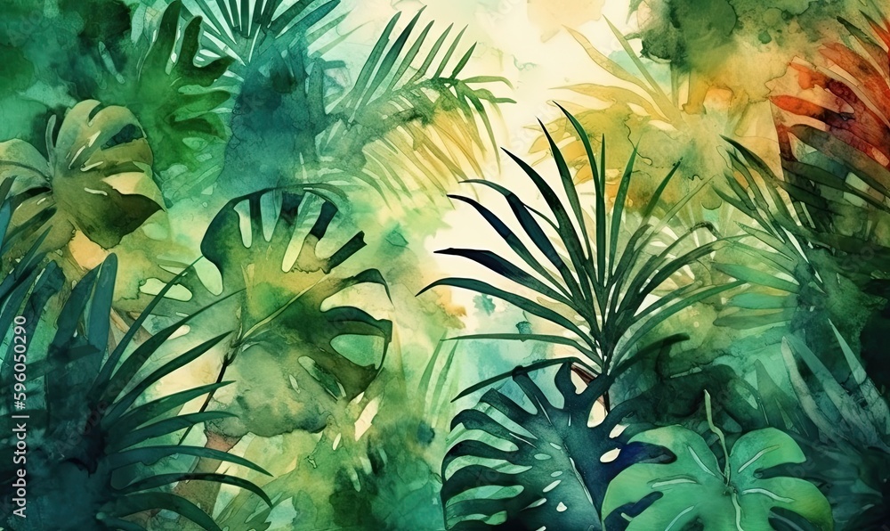 Watercolor tropical summer background with vegetation, generative AI Watercolor tropical summer background with vegetation, generative AI