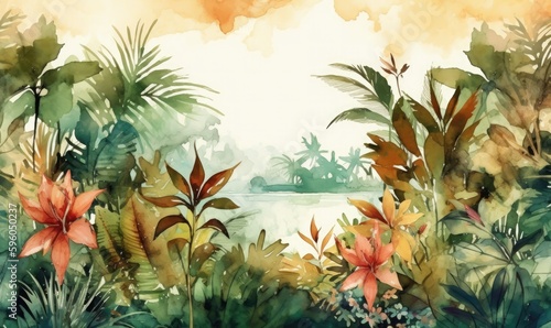Watercolor tropical summer background with vegetation, generative AI © Enigma