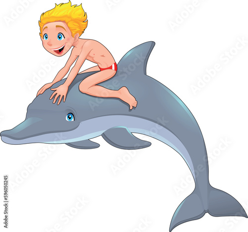 The boy and the dolphin. Cartoon vector illustration, isolated objects