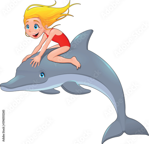 Girl and the dolphin. Cartoon vector illustration, isolated objects