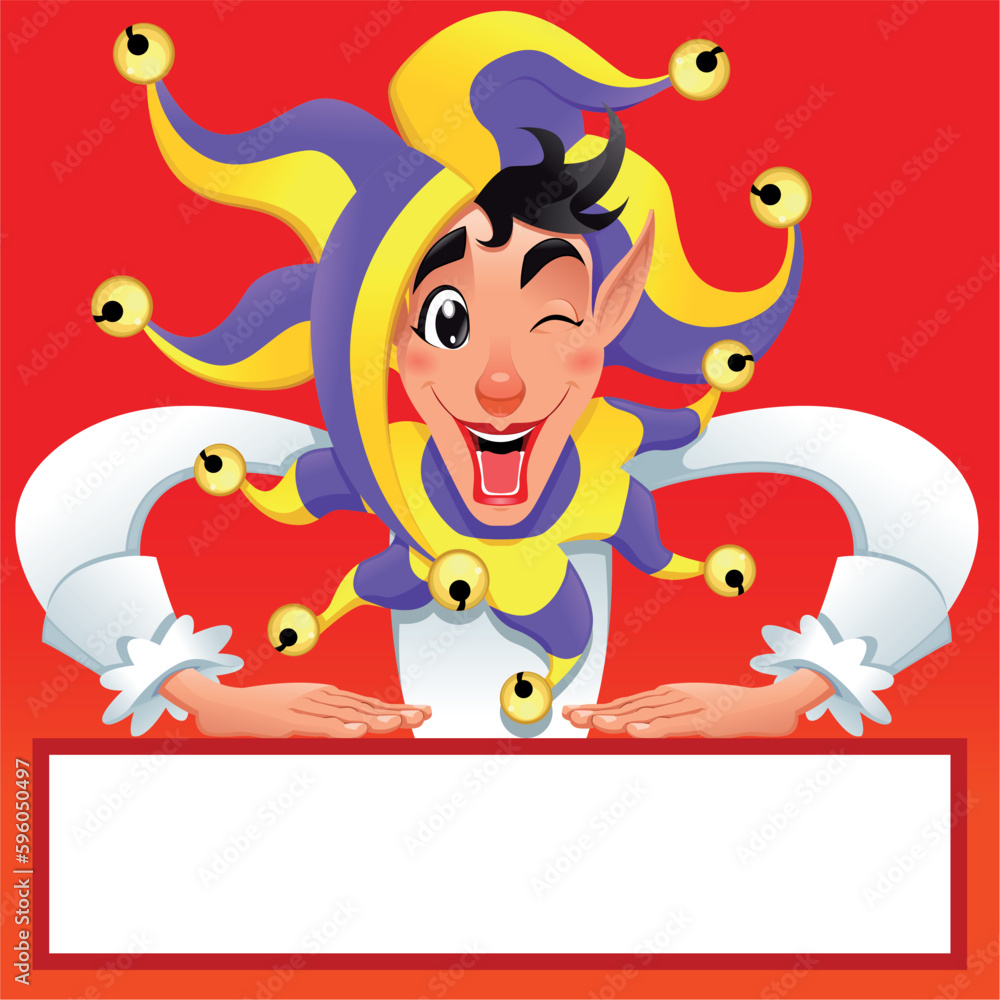 Naklejka premium Funny Jocker smiling with white frame. Vector cartoon illustration.