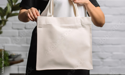 A person carrying a blank shopping tote bag. Canvas bag mockup. Generative ai