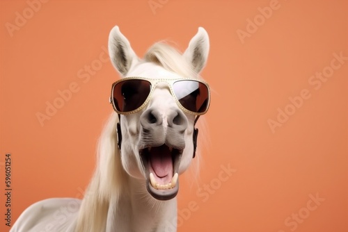 portrait smile background goggles beauty animal horse sunglasses funny colourful fun. Generative AI.